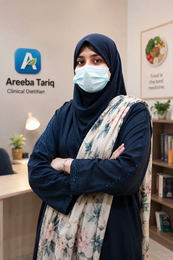 Areeba Tariq, Clinical Dietitian, standing in her Islamabad nutrition clinic